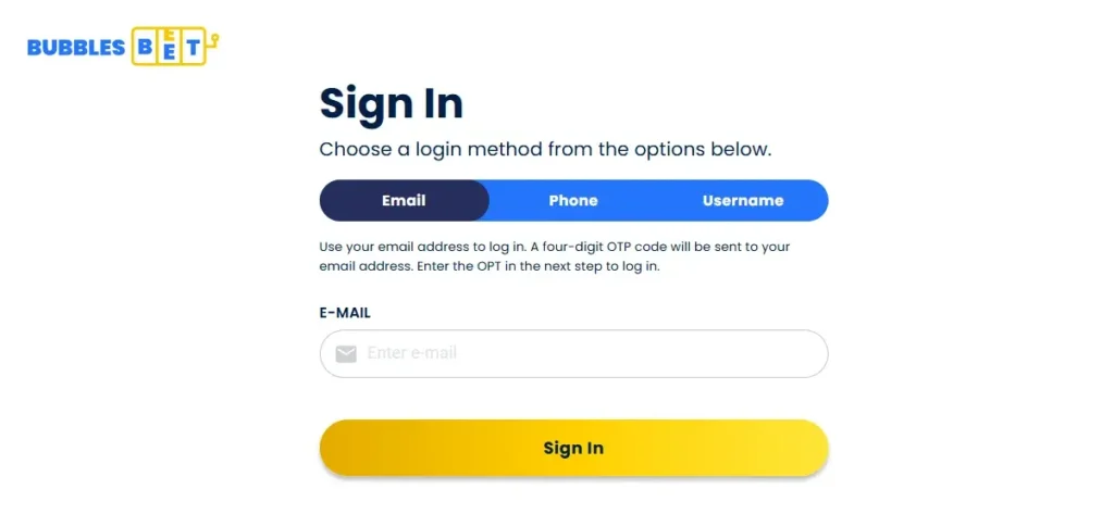 Bubbles Bet Casino Login Form