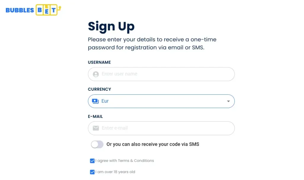 Bubbles Bet Sign Up Process with Form